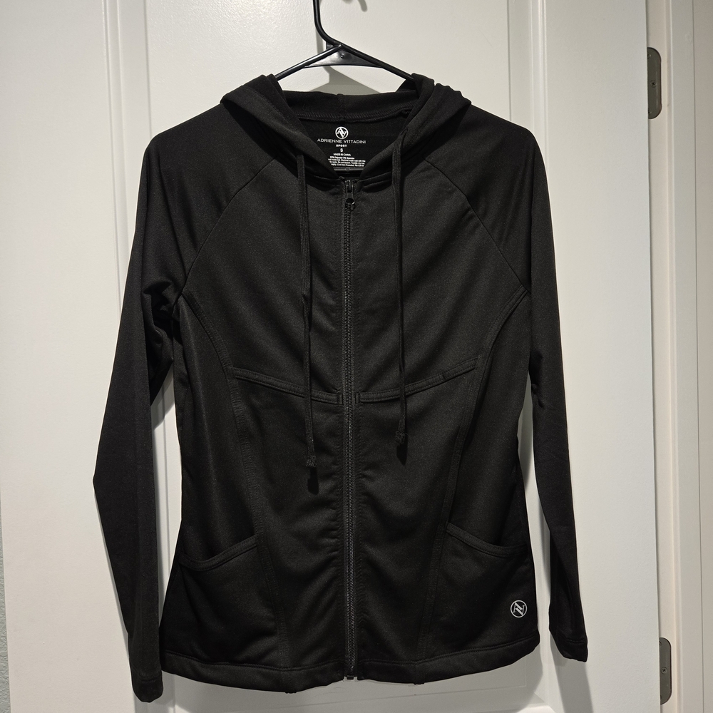 Adrienne Vittadini Sport Black Criss Cross Hooded Zip Jacket Women's Small - Picture 2 of 9